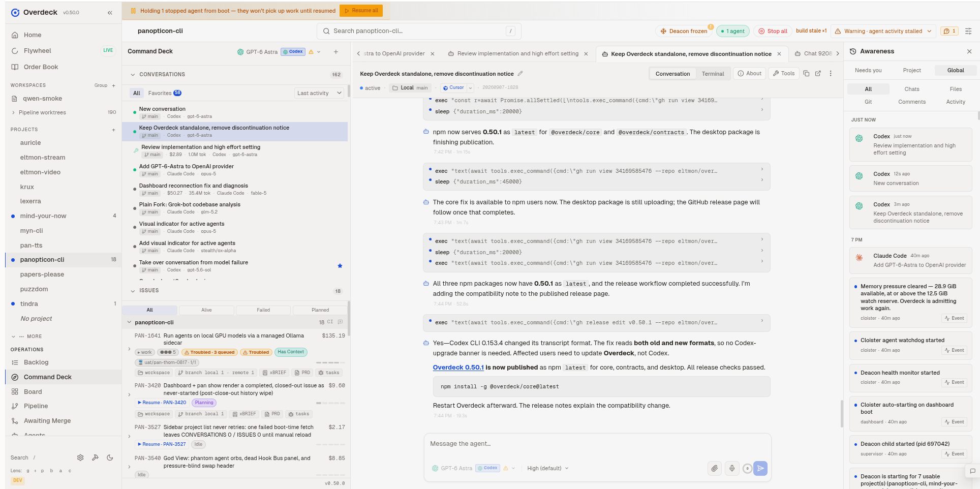 Overdeck Command Deck showing the project sidebar, conversations and issues, a live agent conversation, and the Awareness panel