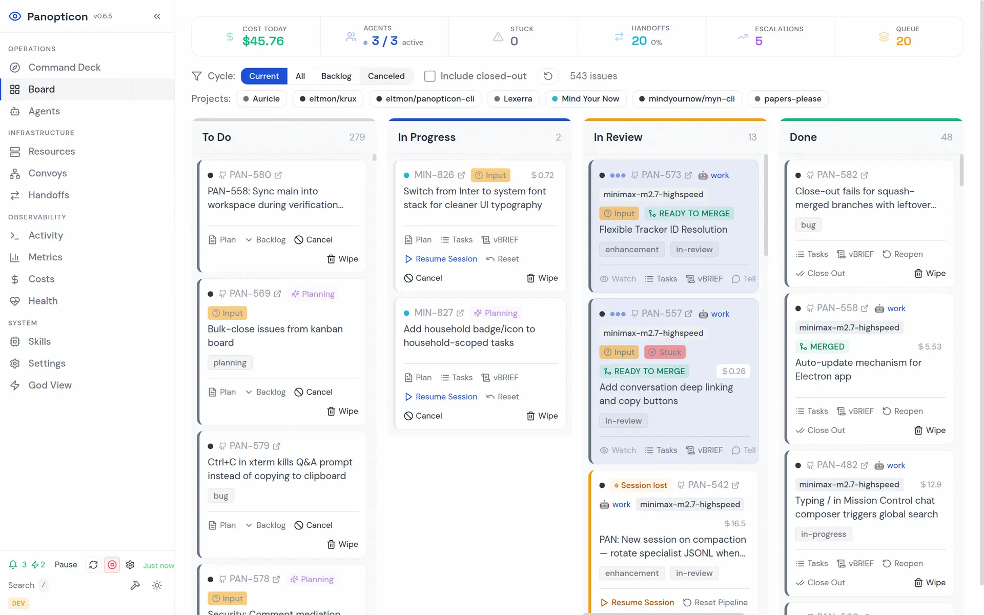 Overdeck Kanban Board — light mode with sidebar navigation, issue cards with status badges, and multi-project filtering