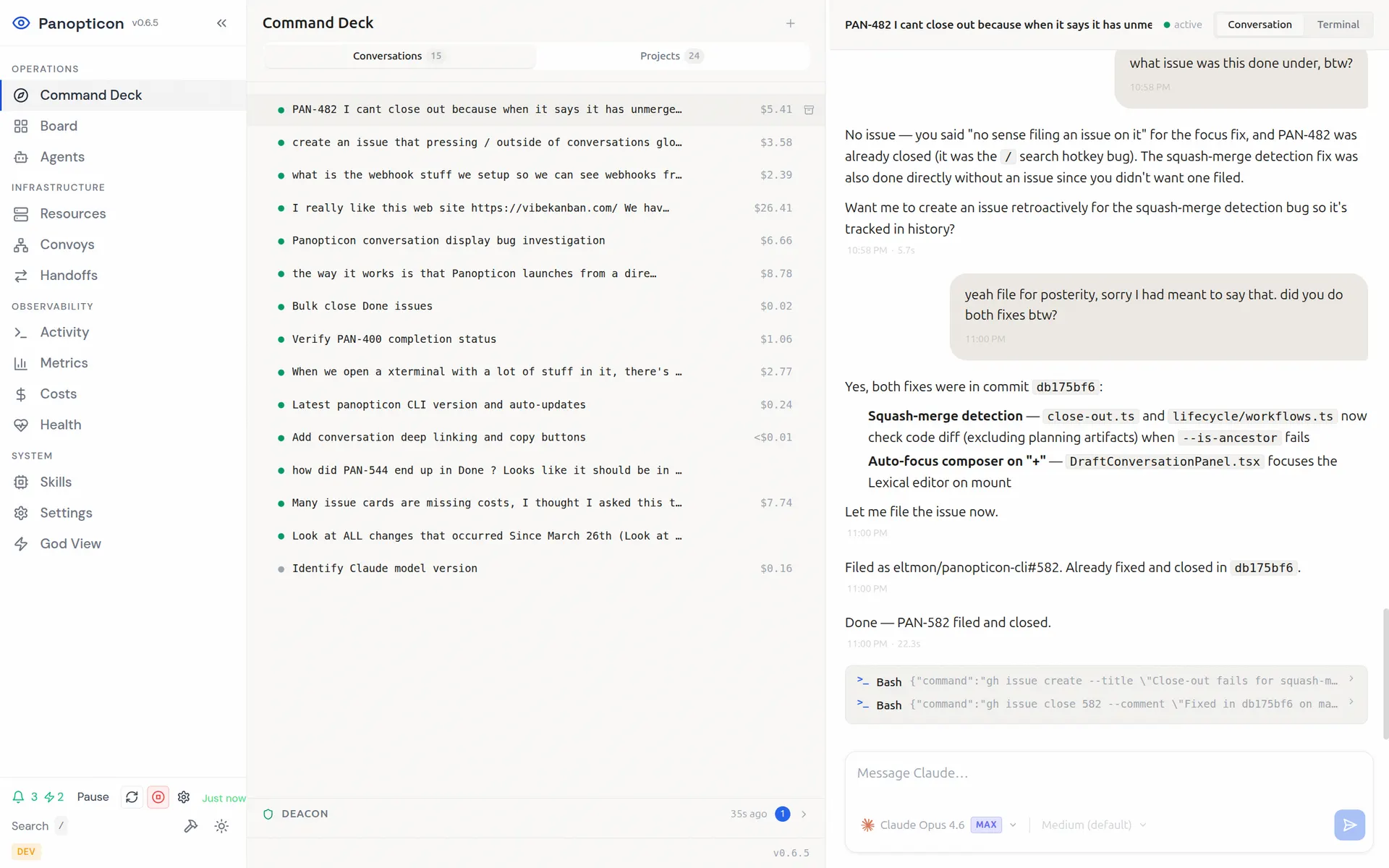 Command Deck — feature list and conversation view