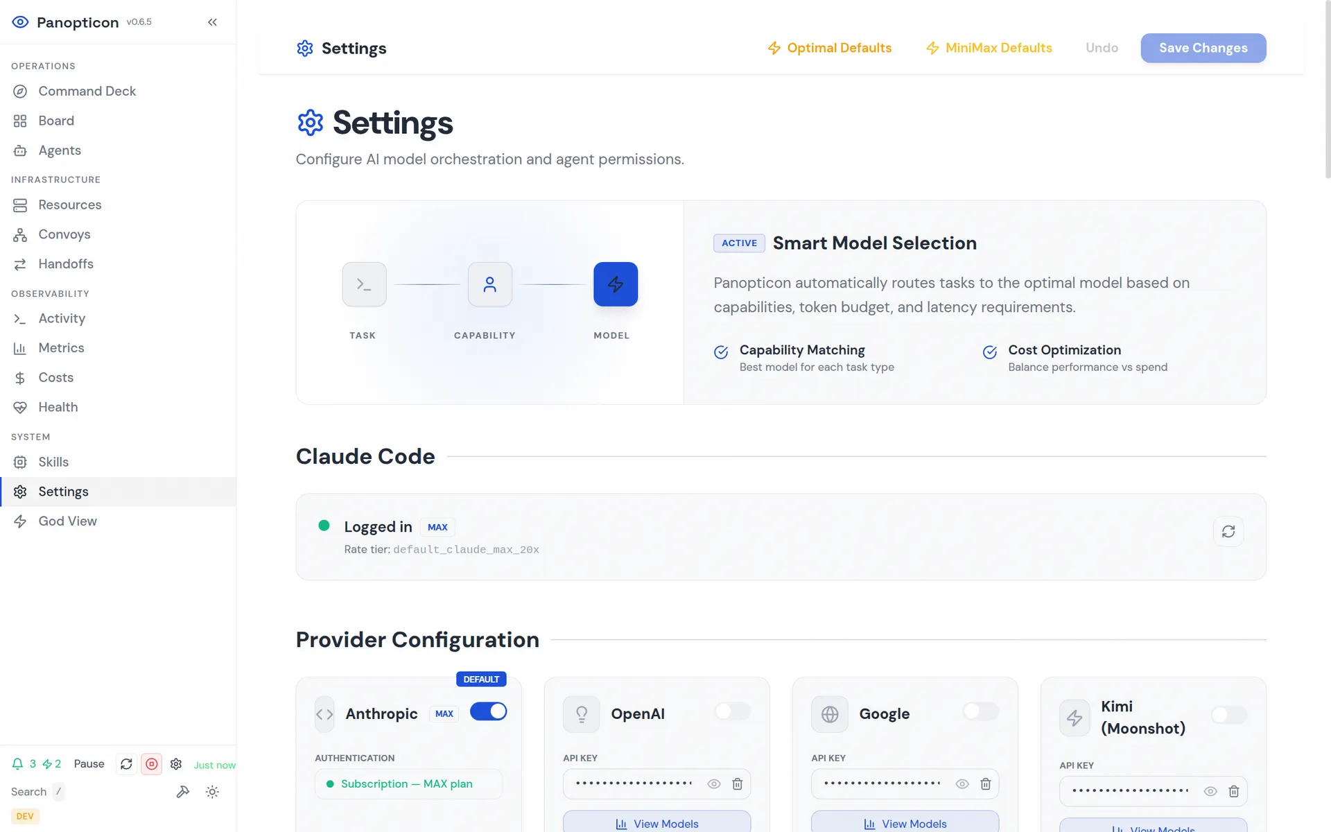 Settings — smart model selection with multi-provider support